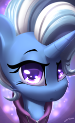 Size: 1600x2600 | Tagged: safe, artist:shido-tara, imported from derpibooru, trixie, pony, unicorn, canon, clothes, female, hoodie, looking at you, mare, simple background, solo