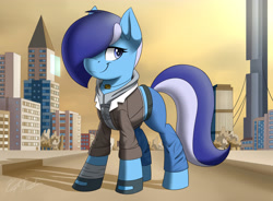 Size: 3800x2800 | Tagged: safe, artist:kaylerustone, imported from derpibooru, oc, oc:brushie brusha, earth pony, pony, alyx vance, bandage, belt, blue mane, bracelet, building, citadel, city 17, clothes, cloud, ears, earth pony oc, eye, eyes, gloves, half-life, half-life 2, half-life alyx, half-life: alyx, jewelry, orange background, pants, road, shirt, simple background, smiley face, smiling, tree, vest