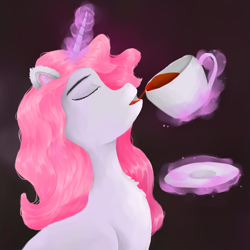 Size: 2000x2000 | Tagged: safe, artist:xlevovix, imported from derpibooru, oc, oc only, pony, unicorn, cup, food, magic, magic aura, solo, tea