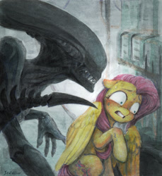 Size: 1815x1983 | Tagged: safe, artist:jewellier, imported from derpibooru, fluttershy, alien, pegasus, pony, xenomorph, alien (franchise), alien 3, covering, duo, ears back, female, floppy ears, gritted teeth, looking away, looking sideways, mare, movie scene, nervous, nervous sweat, raised hoof, scared, sitting, sweat, terrified, traditional art, wide eyes, wing covering