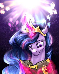 Size: 964x1200 | Tagged: safe, artist:not-ordinary-pony, imported from derpibooru, twilight sparkle, alicorn, pony, the last problem, book, crown, female, glowing horn, horn, immortality blues, jewelry, magic, mare, older, older twilight, princess twilight 2.0, reading, regalia, reminiscing, smiling, solo, telekinesis, twilight sparkle (alicorn)