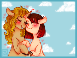 Size: 600x450 | Tagged: safe, artist:meqiopeach, imported from derpibooru, oc, oc only, pony, unicorn, art, authro, blushing, cloud, couple, cute, drawing, fanart, female, freckles, heart, hug, love, male, mare, my little pony, nature, shipping, simple background, sky, smiling, stallion