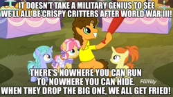 Size: 1920x1080 | Tagged: safe, edit, edited screencap, imported from derpibooru, screencap, cheese sandwich, earth pony, pony, unicorn, caption, clothes, female, filly, happy birthday, image macro, male, skirt, song reference, stallion, text, weird al yankovic, world war iii