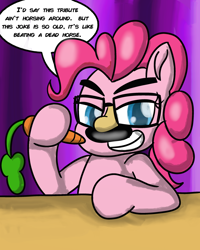 Size: 2400x3000 | Tagged: safe, artist:saburodaimando, imported from derpibooru, pinkie pie, earth pony, pony, carrot, female, food, groucho marx, groucho mask, mare, pun, solo, speech bubble, text