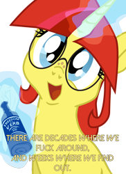 Size: 1440x1980 | Tagged: safe, artist:aaronmk, imported from derpibooru, oc, oc only, oc:lefty pony, pony, unicorn, female, freckles, glasses, levitation, magic, magic aura, mare, molotov cocktail, open mouth, simple background, solo, speaking to viewer, talking to viewer, telekinesis, text, transparent background, vulgar