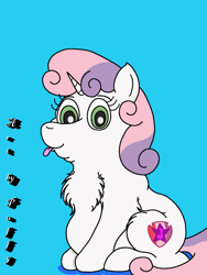 Size: 1628x2162 | Tagged: safe, artist:puffydearlysmith, imported from derpibooru, sweetie belle, pony, unicorn, chest fluff, chubbie belle, chubby, cute, diasweetes, double chin, female, filly, looking at you, plump, simple background, solo, tongue out