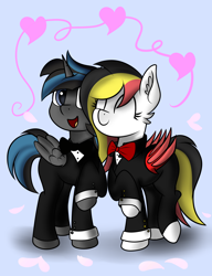 Size: 2000x2600 | Tagged: safe, artist:sadtrooper, imported from derpibooru, oc, oc only, alicorn, bat pony, pony, clothes, couple, tuxedo