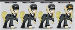 Size: 1280x512 | Tagged: safe, artist:brony-works, imported from derpibooru, oc, oc only, earth pony, pony, blonde, boots, clothes, earth pony oc, eyelashes, female, hat, helmet, mare, nazi, nazi germany, nazipone, raised hoof, reference sheet, shoes, smiling, solo, uniform, world war ii