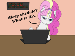 Size: 2000x1500 | Tagged: safe, artist:onlymeequestrian, imported from derpibooru, oc, oc only, oc:brightfull flux, pony, unicorn, clock, computer, dialogue, laptop computer, looking at you, meme, sleep is for the weak, solo, who needs sleep anyway