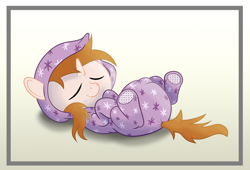 Size: 1250x850 | Tagged: safe, artist:spellboundcanvas, imported from derpibooru, oc, oc only, oc:white shield, pony, unicorn, clothes, diaper, fetal position, footed sleeper, footie pajamas, hood, horn, pajamas, pony oc, poofy diaper, sleeping, solo, stallion, unicorn oc