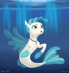 Size: 1280x1366 | Tagged: safe, artist:rockhoppr3, imported from derpibooru, terramar, seapony (g4), crepuscular rays, cute, fin wings, fins, fish tail, jewelry, looking up, male, necklace, open mouth, signature, solo, sunlight, swimming, terrabetes, underwater, water, wings