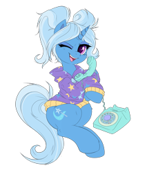 Size: 1400x1641 | Tagged: safe, artist:confetticakez, imported from derpibooru, trixie, pony, unicorn, alternate hairstyle, babysitter trixie, clothes, colored, cute, diatrixes, female, flat colors, gameloft interpretation, hoodie, leg fluff, looking at you, mare, one eye closed, open mouth, phone, pigtails, rotary phone, simple background, sitting, solo, talking, transparent background, twintails, wink