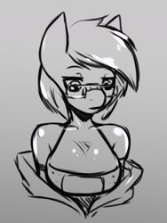 Size: 1190x1585 | Tagged: safe, artist:tea-redrex, imported from derpibooru, oc, oc only, oc:bandaid, anthro, earth pony, bra, bust, clothes, earth pony oc, female, glasses, lineart, monochrome, solo, underwear