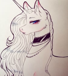 Size: 1080x1207 | Tagged: dead source, safe, artist:mayguay, imported from derpibooru, oc, oc only, pony, unicorn, bust, choker, ear fluff, horn, jewelry, lineart, makeup, necklace, solo, traditional art, unicorn oc