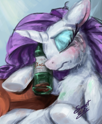 Size: 888x1080 | Tagged: safe, artist:elisdoominika, imported from derpibooru, rarity, pony, unicorn, alcohol, blushing, crarity, crying, drunk, drunk rarity, eyes closed, female, floppy ears, lying down, mare, mascara, messy mane, red nose, red wine, sad, sleeping, solo, wavy mouth, wine, wine bottle