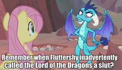 Size: 928x540 | Tagged: safe, edit, edited screencap, imported from derpibooru, screencap, fluttershy, princess ember, dragon, pegasus, pony, sweet and smoky, blush sticker, blushing, caption, dragon egg, dragoness, duo, egg, embarrassed, female, frown, image macro, mare, meme, open mouth, out of context, spread wings, text, tsundember, tsundere, vulgar, wings, you know for kids