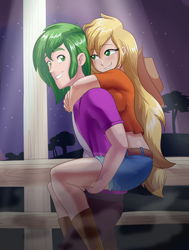 Size: 1550x2048 | Tagged: safe, artist:thebrokencog, imported from derpibooru, applejack, spike, human, applespike, carrying, commission, cute, female, humanized, male, night, older, older spike, piggyback ride, shipping, smiling, straight