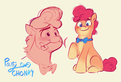 Size: 1603x1087 | Tagged: safe, artist:imalou, imported from derpibooru, oc, oc only, oc:party chonky, earth pony, pony, bowtie, flower, flower in mouth, male, mouth hold, pale belly, simple background, smiling