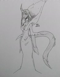 Size: 1600x2048 | Tagged: safe, artist:tea-redrex, imported from derpibooru, oc, oc only, anthro, changeling queen, changeling queen oc, clothes, curved horn, dress, horn, leonine tail, lineart, monochrome, signature, traditional art