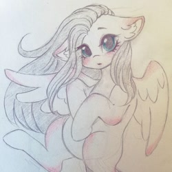 Size: 1080x1080 | Tagged: dead source, safe, artist:mayguay, imported from derpibooru, fluttershy, pegasus, pony, blushing, cute, ear fluff, eyelashes, female, floppy ears, lineart, looking at you, makeup, mare, open mouth, shyabetes, solo, spread wings, traditional art, wings