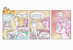 Size: 990x676 | Tagged: safe, artist:lost marbles, imported from derpibooru, derpy hooves, pinkie pie, earth pony, pegasus, pony, comic:derpy - stripper extraordinaire, colored pencil drawing, comic, comic strip, dialogue, duo, female, mare, speech bubble, sugarcube corner, sweat, sweatdrop, traditional art, we don't normally wear clothes