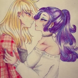 Size: 1080x1080 | Tagged: dead source, safe, artist:mayguay, imported from derpibooru, applejack, rarity, human, bedroom eyes, bust, choker, clothes, female, freckles, humanized, lesbian, looking at each other, makeup, nail polish, rarijack, shipping, traditional art