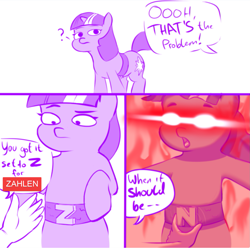 Size: 1279x1268 | Tagged: safe, artist:crade, edit, editor:kopaleo, imported from derpibooru, twilight sparkle, pony, unicorn, ascension, belt, comic, comic strip, crossing the memes, female, funny, funny as hell, glowing eyes, glowing eyes meme, hand, i'm going to say the n word, lineart, mare, math, math joke, meme, mermaid man and barnacle boy iv, n word, number theory, oh no, pony racism, racial slur, racism, red eyes, reference, slur, spongebob reference, spongebob squarepants, unicorn twilight, vulgar, we are going to hell, wumbo, xk-class end-of-the-world scenario, zigger, ziggers