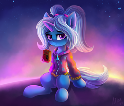 Size: 1169x1000 | Tagged: safe, artist:atlas-66, imported from derpibooru, trixie, pony, unicorn, alternate hairstyle, apple, apple juice, babysitter trixie, clothes, female, food, gameloft, gameloft interpretation, hoodie, juice, juice box, looking at you, magic, mare, pigtails, ponytail, purple background, simple background, sitting, solo, telekinesis