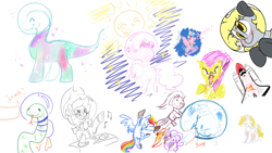 Size: 1920x1080 | Tagged: safe, artist:cutepencilcase, artist:fluffyxai, artist:jennithedragon, imported from derpibooru, applejack, cozy glow, derpy hooves, dinky hooves, pinkie pie, rainbow dash, oc, earth pony, pegasus, pony, snake, unicorn, drawpile disasters, mlpds, ponyfest 3, running, running in place, scared, snow, snowball, space, space shuttle