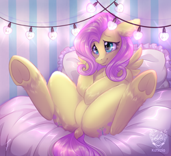 Size: 1250x1136 | Tagged: safe, artist:kotezio, imported from derpibooru, fluttershy, pegasus, pony, bed, cute, daaaaaaaaaaaw, dock, featureless crotch, female, floppy ears, heart, heart hoof, hoof heart, leg fluff, lights, mare, on back, on bed, pillow, sexy, shyabetes, sitting, solo, weapons-grade cute