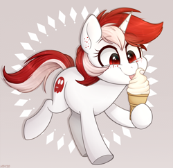 Size: 1100x1066 | Tagged: safe, artist:higgly-chan, imported from derpibooru, oc, oc only, oc:ruby, oc:ruby heartstrings (rhstrings), oc:rubystrings, pony, unicorn, abstract background, commission, female, filly, foal, food, freckles, ice cream, ice cream cone, licking, mare, smiling, solo, tongue out