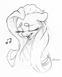 Size: 1077x1339 | Tagged: safe, artist:dilarus, deleted from derpibooru, imported from derpibooru, part of a set, fluttershy, pegasus, pony, beanbrows, eyebrows, female, mare, monochrome, music notes, open mouth, simple background, singing, solo, traditional art, white background