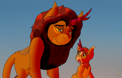 Size: 1918x1231 | Tagged: safe, artist:midnightfire1222, imported from derpibooru, kirin, pony, disney, duo, father and child, father and son, male, mufasa, screenshot redraw, simba, simple background, species swap, the lion king