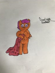 Size: 4032x3024 | Tagged: safe, artist:whistle blossom, imported from derpibooru, scootaloo, pegasus, pony, belly button, bipedal, blanket, cute, cutealoo, female, filly, foal, goodnight, looking at you, marker drawing, offscreen character, offscreen human, simple background, smiling, smiling at you, solo, sweet dreams fuel, traditional art, whistle blossom is trying to murder us, white background