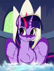 Size: 2300x3000 | Tagged: safe, artist:silverhopexiii, imported from derpibooru, twilight sparkle, alicorn, pony, bust, chest fluff, cutie map, female, friendship throne, high res, mare, sitting, solo, twilight sparkle (alicorn), twilight's castle