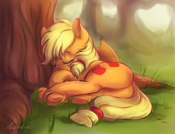 Size: 3600x2769 | Tagged: safe, artist:buttersprinkle, imported from derpibooru, applejack, earth pony, pony, applejack's hat, butt, buttersprinkle is trying to murder us, cowboy hat, cute, eyes closed, female, hat, high res, jackabetes, outdoors, plot, signature, sleeping, solo, tree, under the tree, underhoof, weapons-grade cute