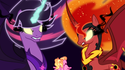 Size: 4000x2250 | Tagged: safe, artist:orin331, edit, imported from derpibooru, luster dawn, sunset shimmer, twilight sparkle, alicorn, pony, a royal problem, equestria girls, alicornified, blank eyes, corrupted, dark magic, equestria girls ponified, glowing eyes, magic, midnight sparkle, midnightsatan, ponified, princess midnight, race swap, sunset satan