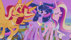 Size: 4000x2250 | Tagged: safe, artist:orin331, edit, imported from derpibooru, princess cadance, sunset shimmer, twilight sparkle, alicorn, pony, the last problem, twilight's kingdom, alicornified, alternate universe, cutie mark, eyes closed, female, mare, older, older princess cadance, older sunset, older twilight, princess twilight 2.0, race swap, shimmercorn, trio, twilight sparkle (alicorn), ultimate cadance, ultimate twilight, you'll play your part