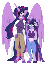 Size: 968x1342 | Tagged: safe, artist:unoriginai, imported from derpibooru, twilight sparkle, oc, oc:twilight zone, alicorn, anthro, anorexic, anthro oc, creepy, creepy smile, floppy ears, glasses, looking at you, offspring, parent:sci-twi, parent:twilight sparkle, parents:twitwi, simple background, smiling, transparent background, twilight sparkle (alicorn)