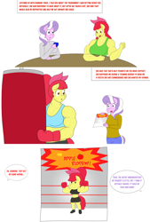 Size: 2048x3021 | Tagged: safe, artist:matchstickman, imported from derpibooru, apple bloom, diamond tiara, anthro, earth pony, plantigrade anthro, tumblr:where the apple blossoms, abs, apple brawn, biceps, boots, boxing gloves, boxing ring, breasts, busty apple bloom, busty diamond tiara, chibi, clothes, comic, deltoids, dialogue, drink, duo, female, flexing, mare, matchstickman's apple brawn series, midriff, muscles, older, older apple bloom, older diamond tiara, pecs, poster, punching bag, shirt, shoes, shorts, simple background, speech bubble, sports bra, sweat, table, tumblr comic, white background