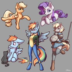 Size: 4000x4000 | Tagged: safe, artist:ohemo, imported from derpibooru, applejack, rainbow dash, rarity, oc, anthro, cat, earth pony, pegasus, pony, unguligrade anthro, unicorn, absurd resolution, anthro with ponies, armor, bomber jacket, buckler, clothes, extended trot pose, female, gray background, hatless, jacket, looking at you, mare, missing accessory, simple background, sword, uniform, weapon, wonderbolts uniform