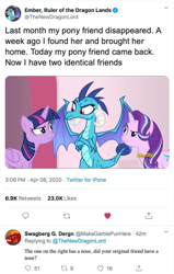 Size: 576x904 | Tagged: source needed, safe, imported from derpibooru, screencap, garble, princess ember, starlight glimmer, twilight sparkle, alicorn, dragon, pony, unicorn, comments, dragoness, face blindness, female, male, mare, meme, parody, ponified meme, pony racism, prosopagnosia, text, twilight sparkle (alicorn), twitter