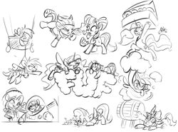 Size: 1920x1424 | Tagged: safe, artist:assasinmonkey, imported from derpibooru, autumn blaze, fluttershy, petunia petals, princess celestia, rainbow dash, rarity, torque wrench, twilight sparkle, alicorn, earth pony, kirin, pony, unicorn, donut, food, fuf, monochrome, sketch, toy story