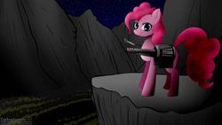 Size: 1280x720 | Tagged: safe, artist:darbedarmoc, imported from derpibooru, part of a set, pinkie pie, earth pony, pony, fallout equestria, cannon, female, grass, minigun, mountain, part of a series, rocket launcher, solo, wasteland, weapon