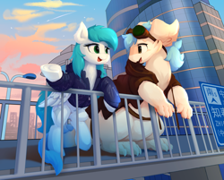 Size: 3563x2867 | Tagged: source needed, safe, artist:thesamstudio, imported from derpibooru, oc, oc only, oc:cynosura, pegasus, pony, beijing, chinese, city, clothes, duo, female, goggles, looking at each other, mare, smiling, unknown species