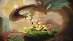 Size: 1920x1080 | Tagged: safe, artist:shabawdy, imported from derpibooru, discord, fluttershy, draconequus, pegasus, pony, boop, chest fluff, cliff, discoshy, facing each other, female, flying, looking at each other, male, mare, mountain, outdoors, profile, prone, raised hoof, shipping, smiling, straight, stray strand, wingless