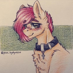 Size: 1080x1080 | Tagged: safe, artist:hardtimebreathing, imported from derpibooru, oc, oc only, pony, blushing, bust, choker, cross, jewelry, not scootaloo, pendant, portrait, solo, traditional art