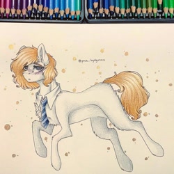 Size: 1080x1080 | Tagged: safe, artist:hardtimebreathing, imported from derpibooru, oc, oc only, oc:connie, earth pony, pony, blushing, necktie, pencil, photo, solo, traditional art