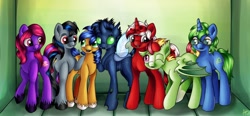 Size: 1280x594 | Tagged: safe, artist:appleneedle, imported from derpibooru, oc, oc:ace jetstream, oc:fire light, oc:iron crackle, oc:libra, oc:razgriz mirage, oc:tropical storm, oc:vintage garnet, bat pony, changeling, earth pony, pony, unicorn, art, character, digital, draw, drawing, fanart, glasses, paint, painting, room