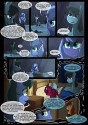 Size: 1240x1754 | Tagged: safe, artist:lunarcakez, imported from derpibooru, princess luna, oc, alicorn, earth pony, pony, comic:the origins of hollow shades, cloak, clothes, comic, male, s1 luna, stallion